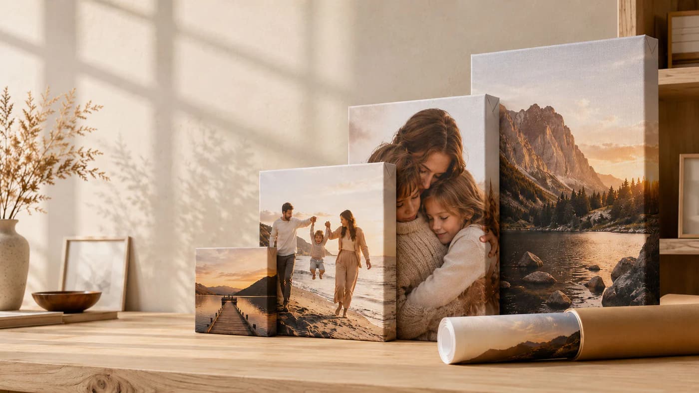 Framed canvas print of a family photograph hanging in a living room
