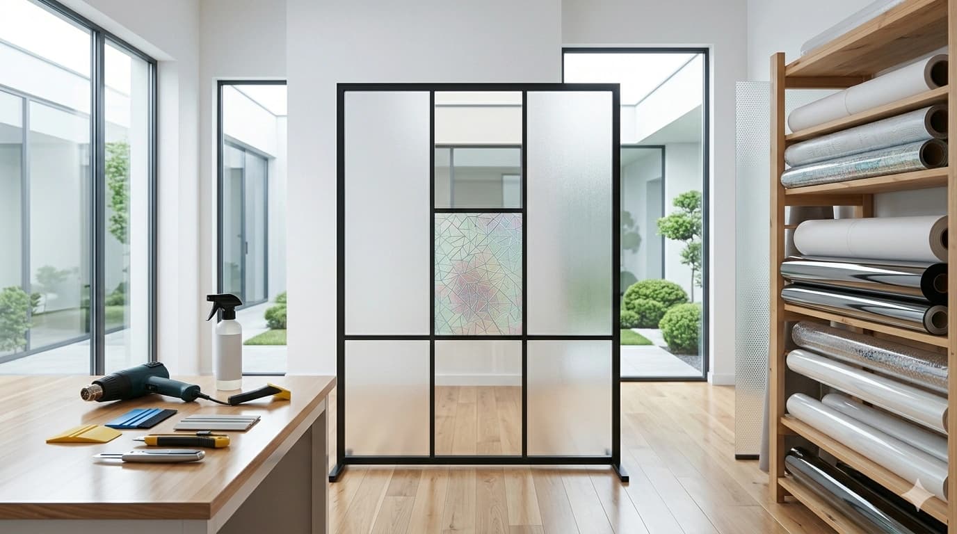 Decorative frosted glass film in a modern office interior