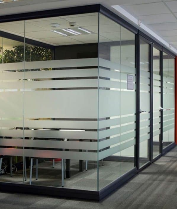 Glass film on an office partition